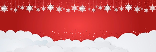 New year and christmas background with winter theme, hanging snowflakes ornaments, falling snow, and white cloud on red background