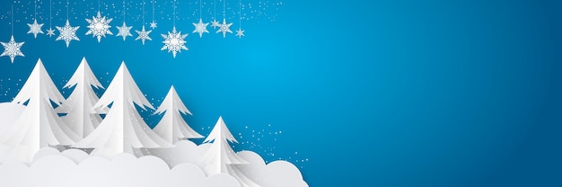 Anno nuovo e banner di natale design con appesi ornamenti di fiocchi di neve, palma, neve che cade e nuvola bianca su sfondo blu