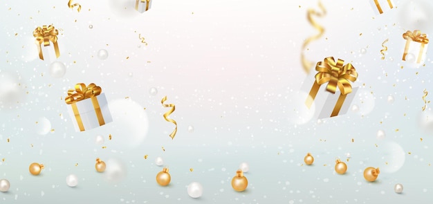 New Year Christmas banner with gift boxes with levitating gift boxes, confetti, balls. Festive background for web design, postcards, invitations and prints