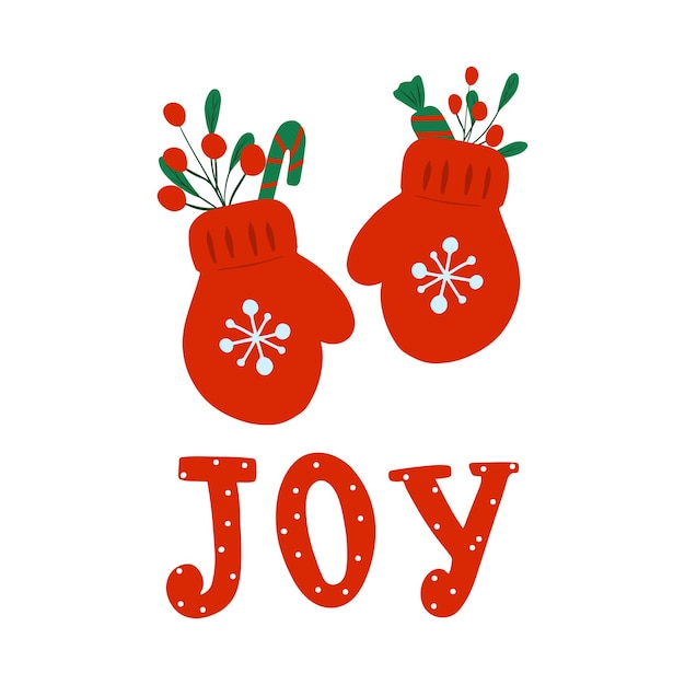 Новогодняя рождественская открытка постер Варежки конфета радость ветка Берре вектор плоский рождественский дизайн