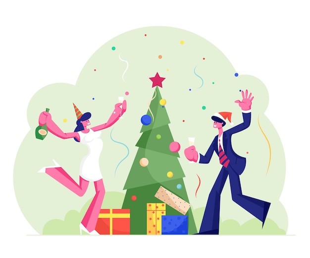 New year or christmas celebration at work with champagne, cartoon flat illustration