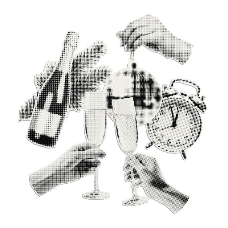 Vector new year and christmas decorative elements with halftone effect trendy paper cutout for holiday coll