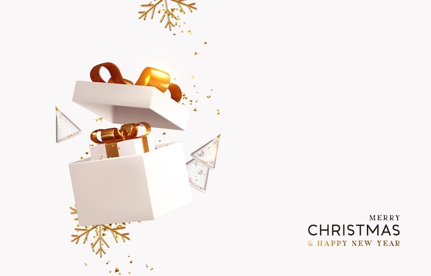 正月とクリスマスのデザイン。現実的なピンクのギフト ボックス。装飾的なお祝いのオブジェクトでいっぱいのギフト ボックスを開きます。ホリデー バナー、ウェブ ポスター、チラシ、スタイリッシュなパンフレット、グリーティング カード、カバー。クリスマスの背景