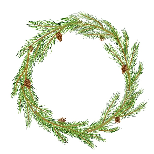 New year and Christmas fir wreath Traditional winter garland with evergreen green branches and pine cones isolated on white background