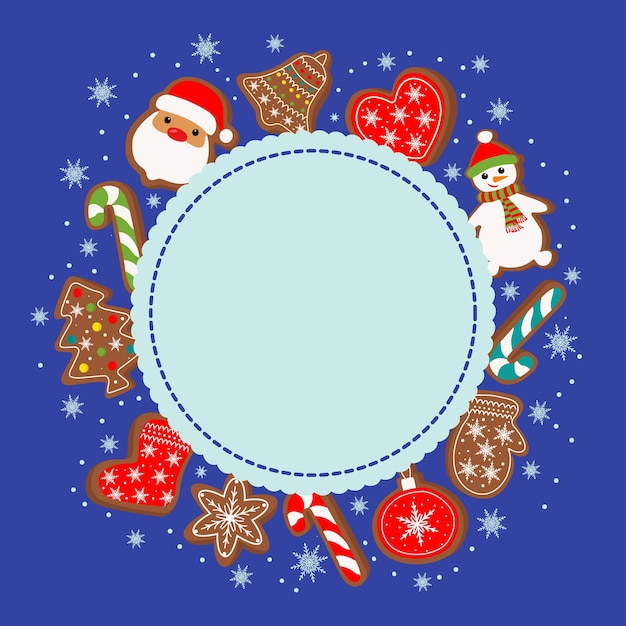 Новогодняя и рождественская рамка с пряничным Дедом Морозом, снеговиком, елкой, варежками, печеньем