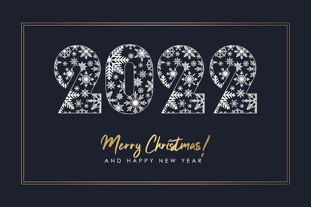 Vector new year and christmas illustration with 2022 number   made of snowflakes and gold frame