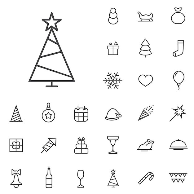 New year christmas outline thin flat digital icon set