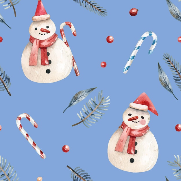 New Year Christmas pattern with cute snowmen candy canes winter plants on a blue background