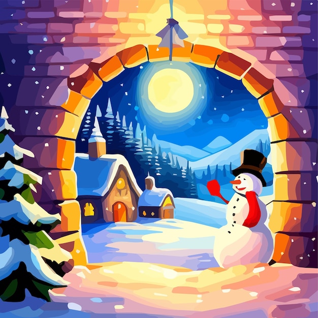 Vettore porta della cartolina di natale di capodanno decorata con una ghirlanda accanto a un'illustrazione vettoriale divertente del pupazzo di neve