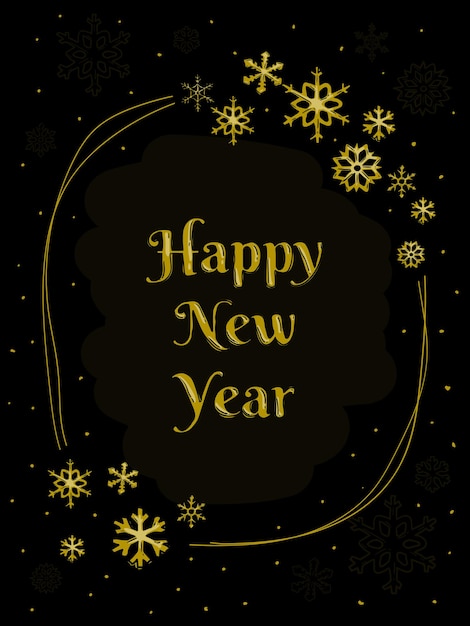 Vector new year and christmas postcard gold letters on a black background with snowflakes