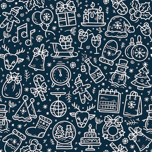 Vector new year and christmas seamless pattern in doodle sketch style on a blue background