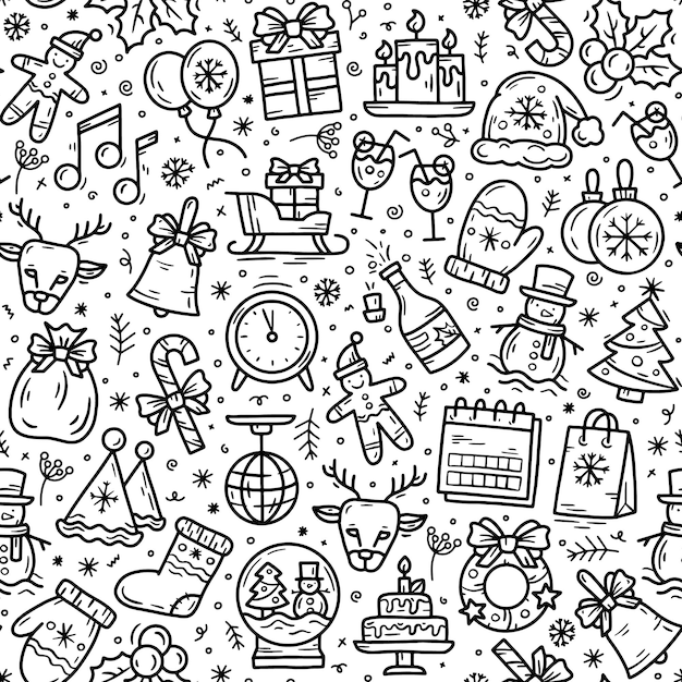 Vector new year and christmas seamless pattern in doodle sketch style