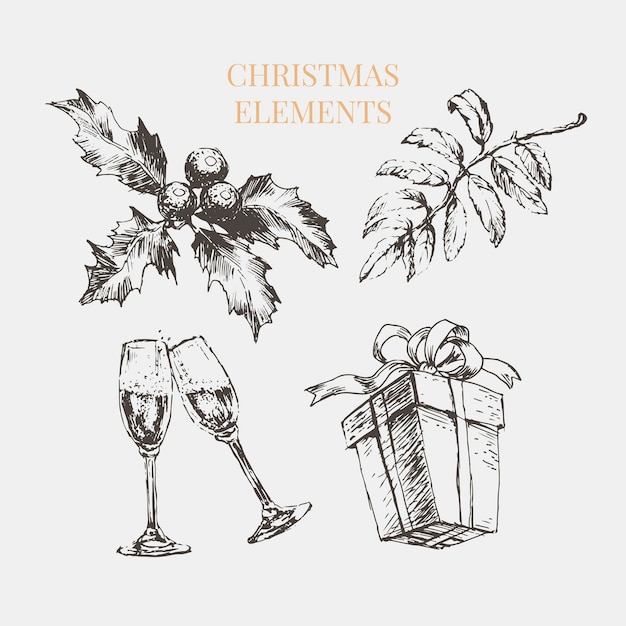 New year and christmas set sketch illustration