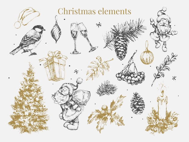 New year and christmas set sketch illustration