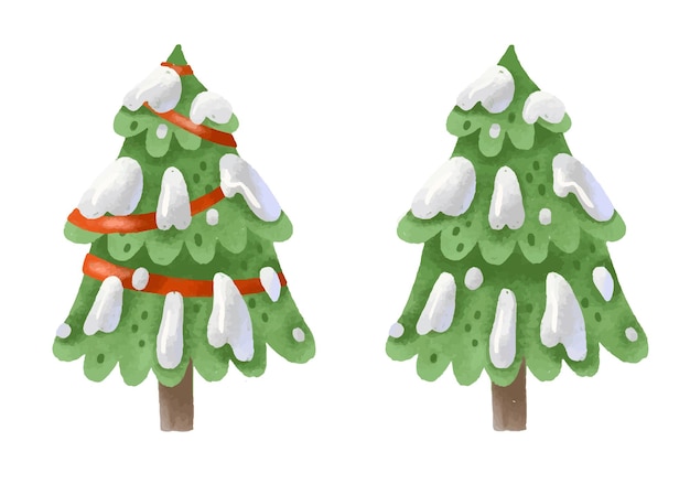 New Year and Christmas trees with and without garlands lights ribbons Cute cartoon isolated Pines