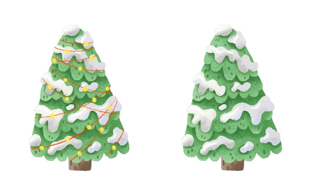 Новогодние и рождественские елки с гирляндами и без них, огни, ленты. Симпатичный мультяшный изолированный Сосны.