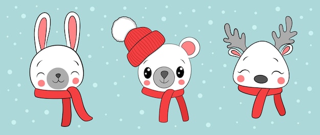 New year and Christmas Winter banner with cute cartoon bear, rabbit and deer