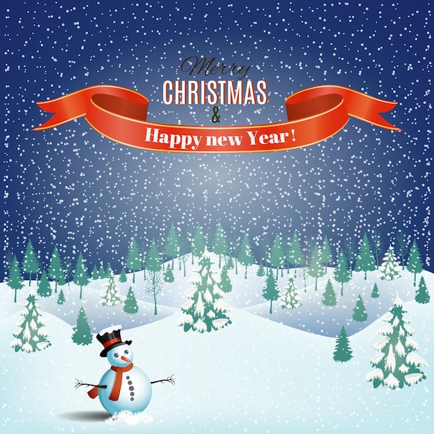 Vector new year and christmas winter landscape background with snowman. vector.