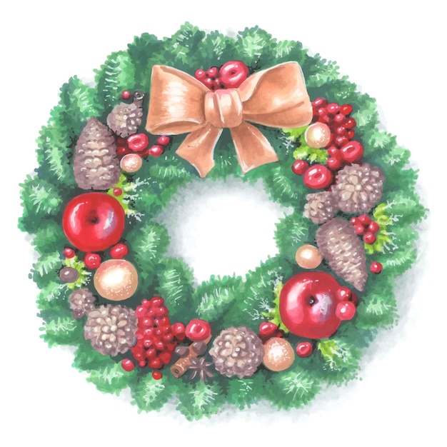 New year and Christmas wreath Traditional winter garland with red holly berries apples and cones on green branches