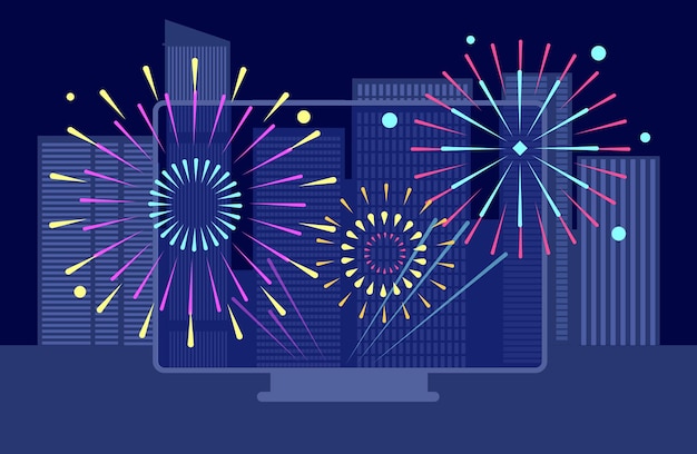 New year city firework. Online festival, downtown night fireworks tv screen. Buildings landscapes, asian celebration broadcast vector concept. Illustration happy new year, celebration firework