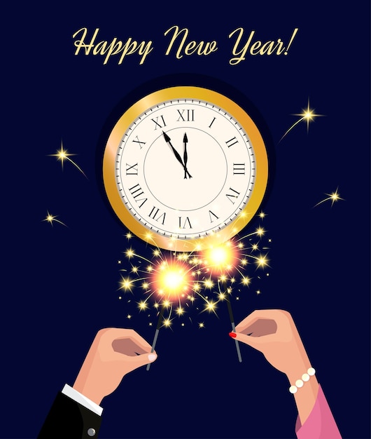 Vector new year clock and sparkler in hand happy new year poster or card with bengal fire flat vector illustratoin