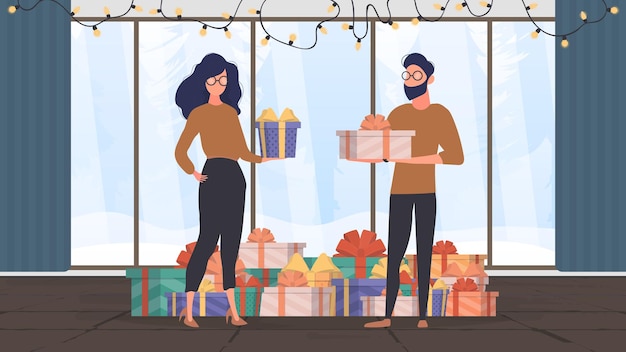 New year concept. A man and a woman give each other gifts. Christmas room, a mountain of gifts, winter outside the window. Vector.