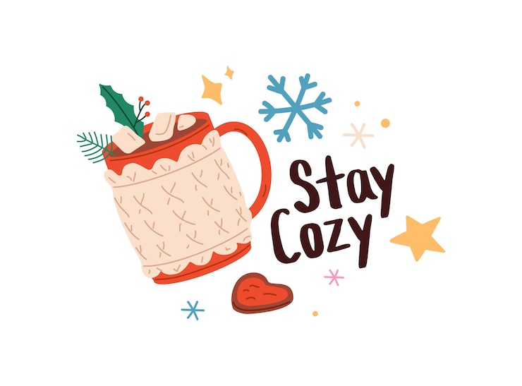 Vector new year cup of cocoa with marshmallow christmas hot drink in mug xmas sticker postcard print with congratulation phrase winter holiday vibe flat isolated vector illustration on white background