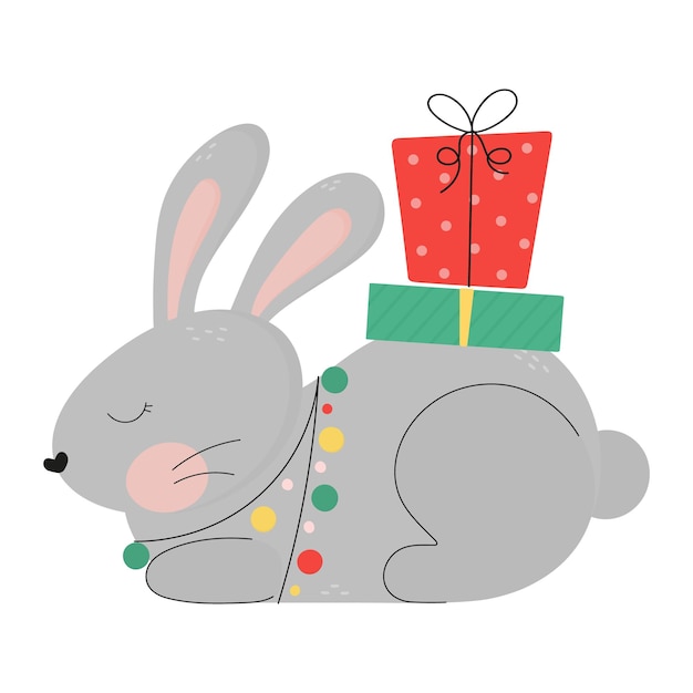 Vector new year cute bunny with a garland and gifts. chinese symbol 2023 new year