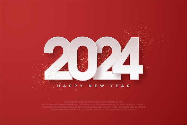 新年デザイン 2024 赤い背景に白い紙の数字と新年あけましておめでとうございます 2024 の挨拶とお祝いのためのプレミアム ベクター デザイン