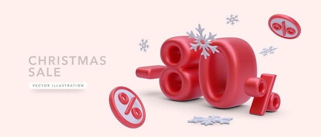 New year discount merry Christmas sale 80 off red numbers with Christmas decorations on red background