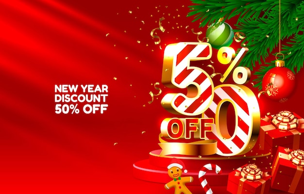 New year discount merry christmas sale  off golden numbers with gifts and christmas decorations