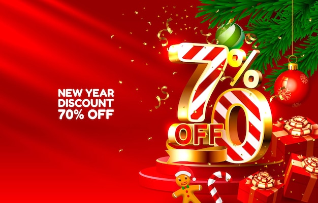 New year discount merry christmas sale  off golden numbers with gifts and christmas decorations