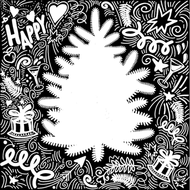 Carrello di auguri di doodle di capodanno con silhouette di albero verde e posto per il testo.