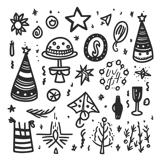 New year doodle hand drawn party element set