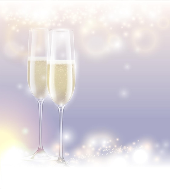 Vector new year eve celebration background two glasses champagne. abstract sparkling light magic glitter. glow bright festive holiday poster with sparks light effect. vector illustration.