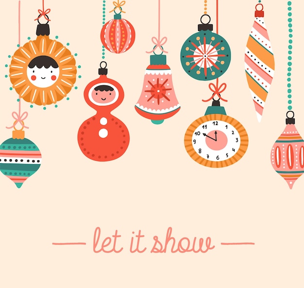 Новогодний праздничный векторный шаблон баннера в социальных сетях. Рождественская елка ретро безделушка плоская иллюстрация с буквами. Пусть это снежная каллиграфия и праздничные украшения. Рождественские старинные открытки дизайн-макет