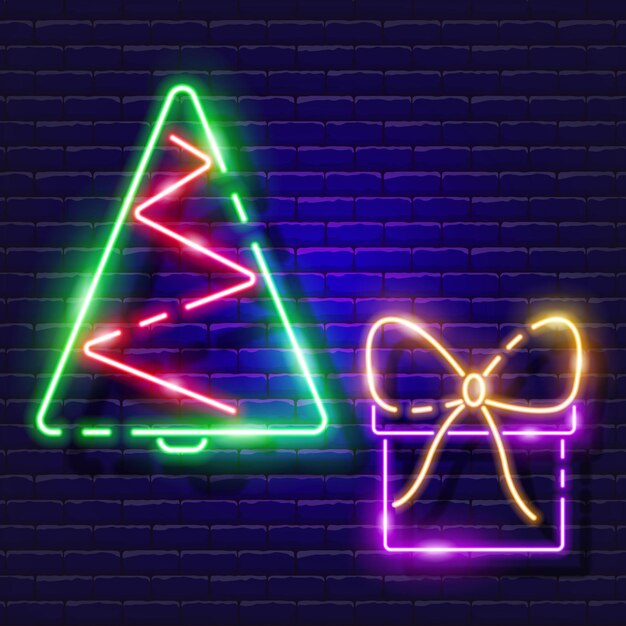 Vector new year fir tree and gift box neon sign glowing christmas tree icon new year and christmas concept vector illustration for design