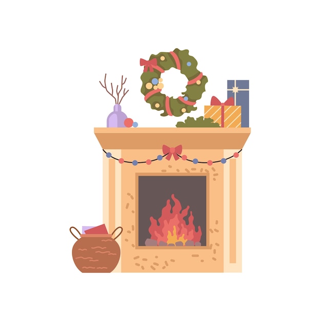 New Year fireplace with burning fire decorations flat cartoon vector illustration Home fire place with garland wicker basket Xmas decoration Warm cozy winter holiday packed gift boxes