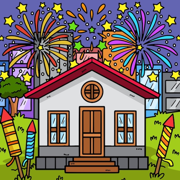 Illustrazione del fumetto colorato di fuochi d'artificio di capodanno