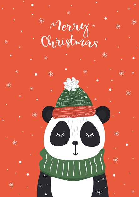 New Year gift card with the image of a cute panda a bear cub in a warm hat with a scarf Vector