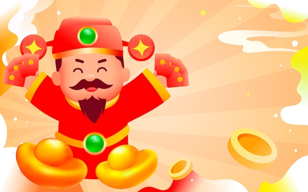 Vector new year god of wealth gives wealth to everyone, background with various ingots and gold coins