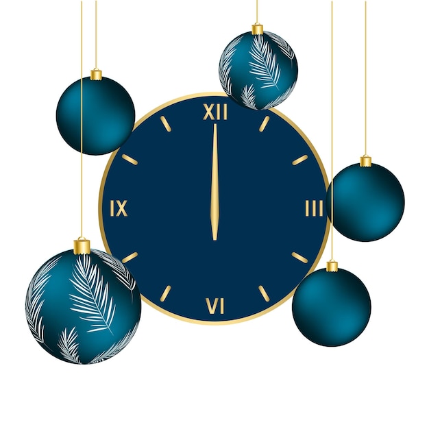 New year gold background and clock with christmas balls