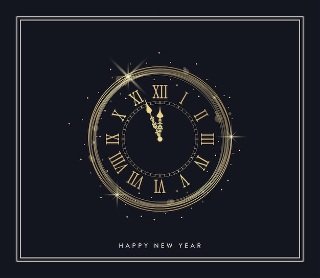 New Year gold clock with shiny lights and golden sparkles frame