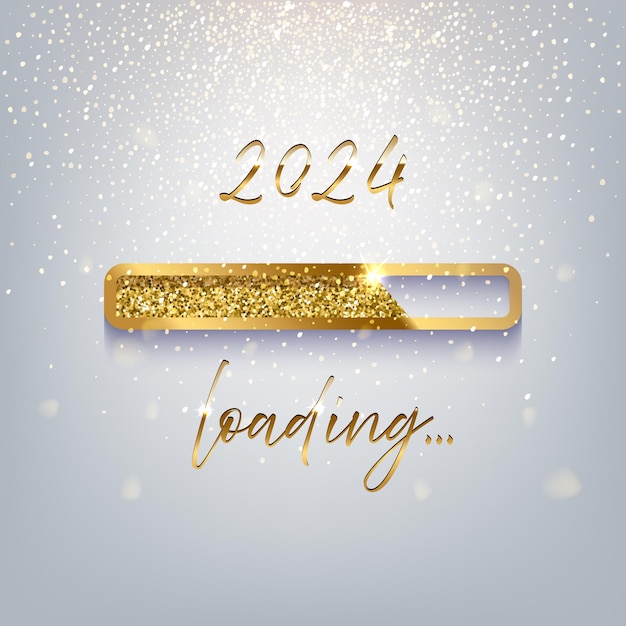 Vector new year golden loading bar vector illustration 2024 year progress with lettering party countdown download screen invitation card banner event holiday expectation sparkling glitter background