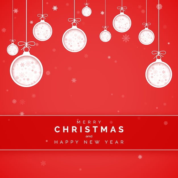 Новогодняя открытка. Вырежьте бумажные новогодние шары на красном фоне со снежинкой внутри. Элемент украшения праздника.