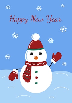 Biglietto di auguri per il nuovo anno simpatico pupazzo di neve con guanti e berretto fiocchi di neve che cadono vacanze invernali
