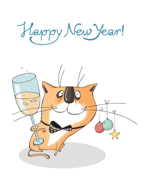 Vettore cartellino di auguri per il nuovo anno con un gatto divertente ed espressivo