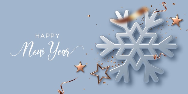 New year holiday banner with 3d glossy snowflake and golden stars. new year background. vector illustration.