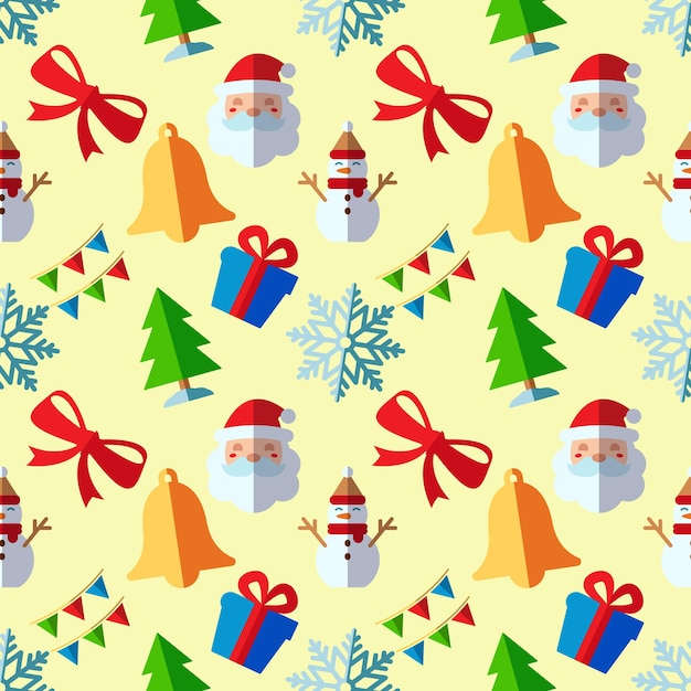 年末年始クリスマス コンセプト弓サンタ クロース スノーフレーク ガーランド ベル雪だるまのシームレスなパターンはがきをラッピングするのに最適ファブリック テキスタイルをカバーします