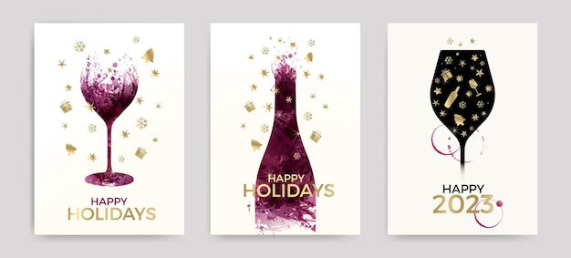New year and holidays greeting card Illustration of wine glass and bottle with icons of gift stars Christmas tree snowflakes wine glass and bottle